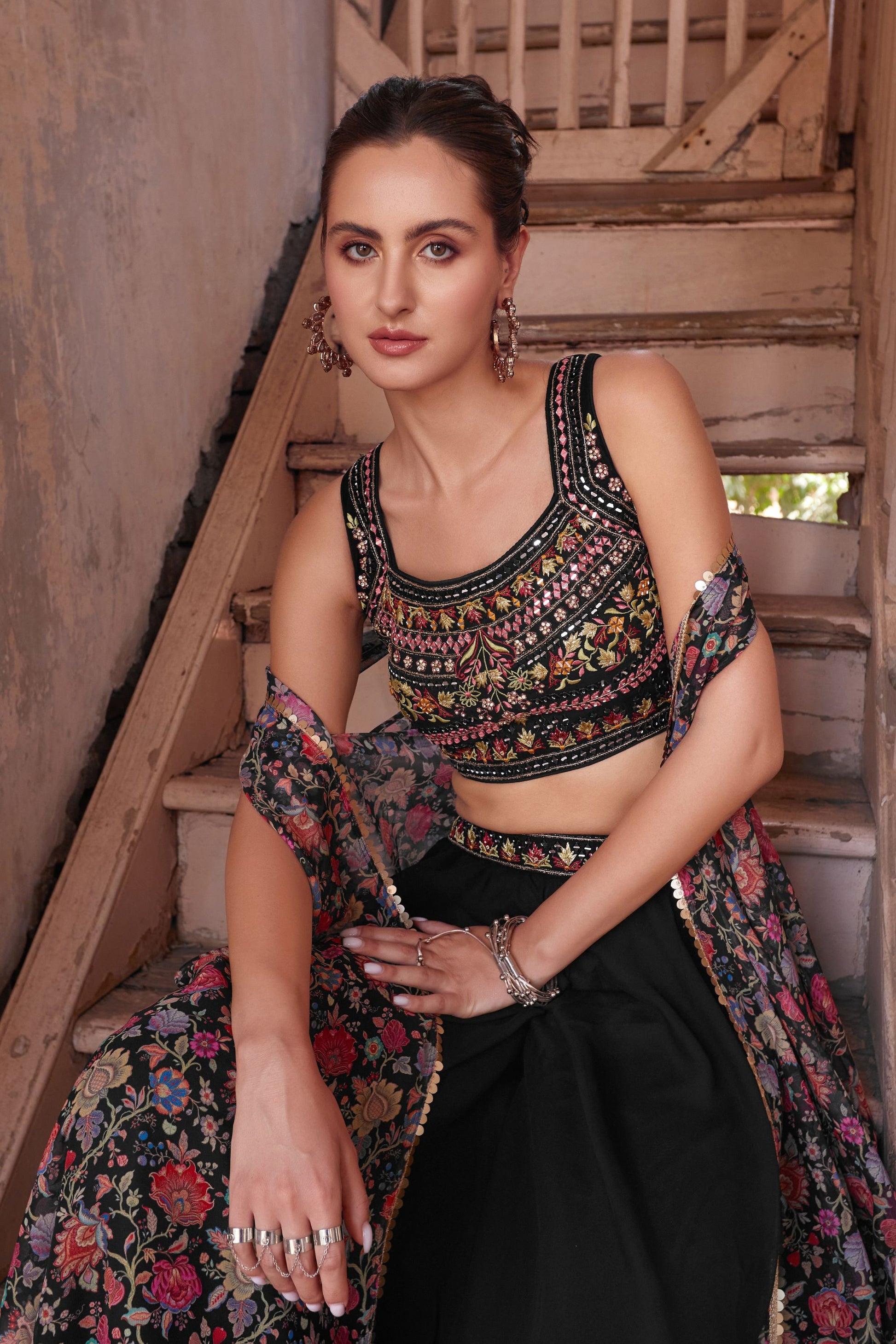 Black Georgette Sharara Choli For Indian Festivals & Weddings - Thread Embroidery Work, Hand Embellishment, Mirror Work