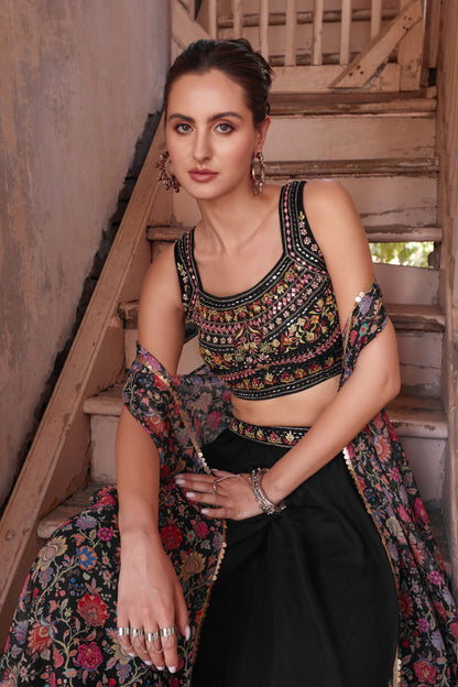 Black Georgette Sharara Choli For Indian Festivals & Weddings - Thread Embroidery Work, Hand Embellishment, Mirror Work