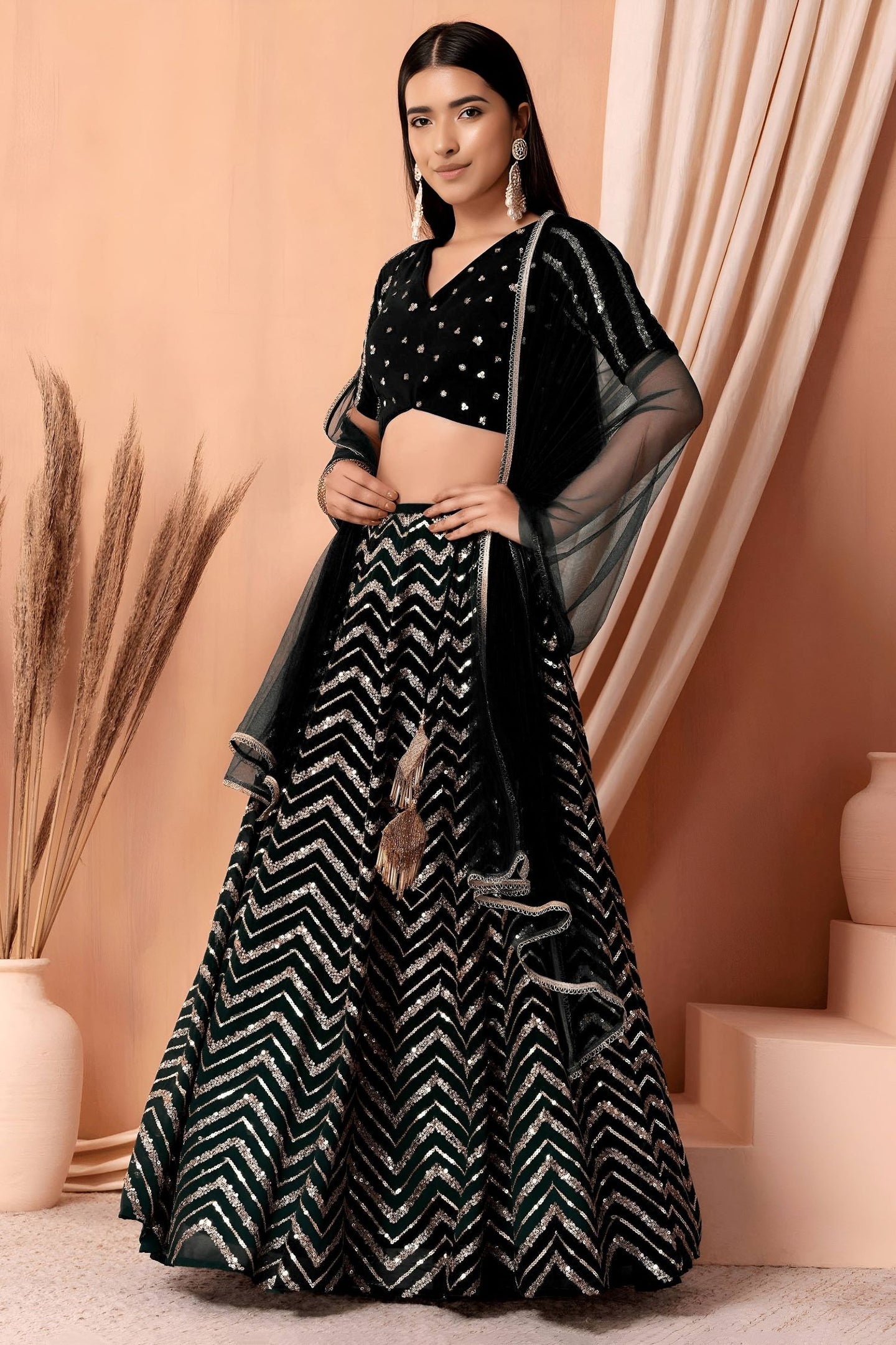 Black Georgette V Neck Lehenga Choli with Zari and Sequins Embroidery