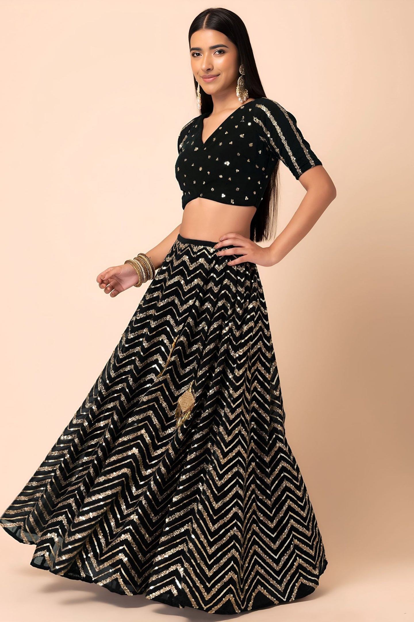 Black Georgette V Neck Lehenga Choli with Zari and Sequins Embroidery