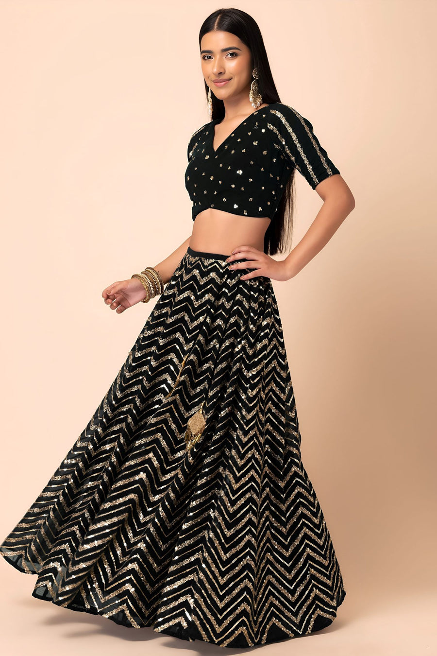 Black Georgette V Neck Lehenga Choli with Zari and Sequins Embroidery