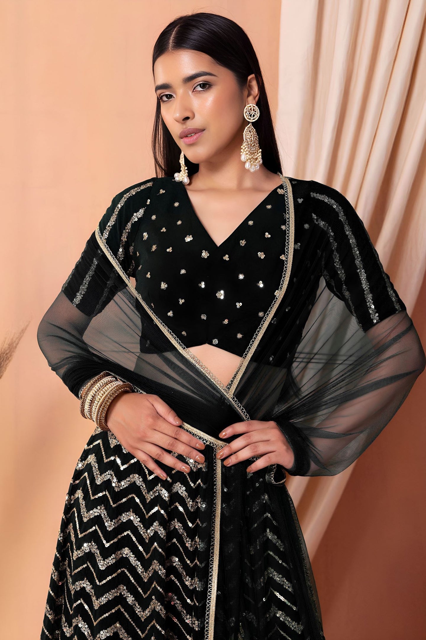 Black Georgette V Neck Lehenga Choli with Zari and Sequins Embroidery