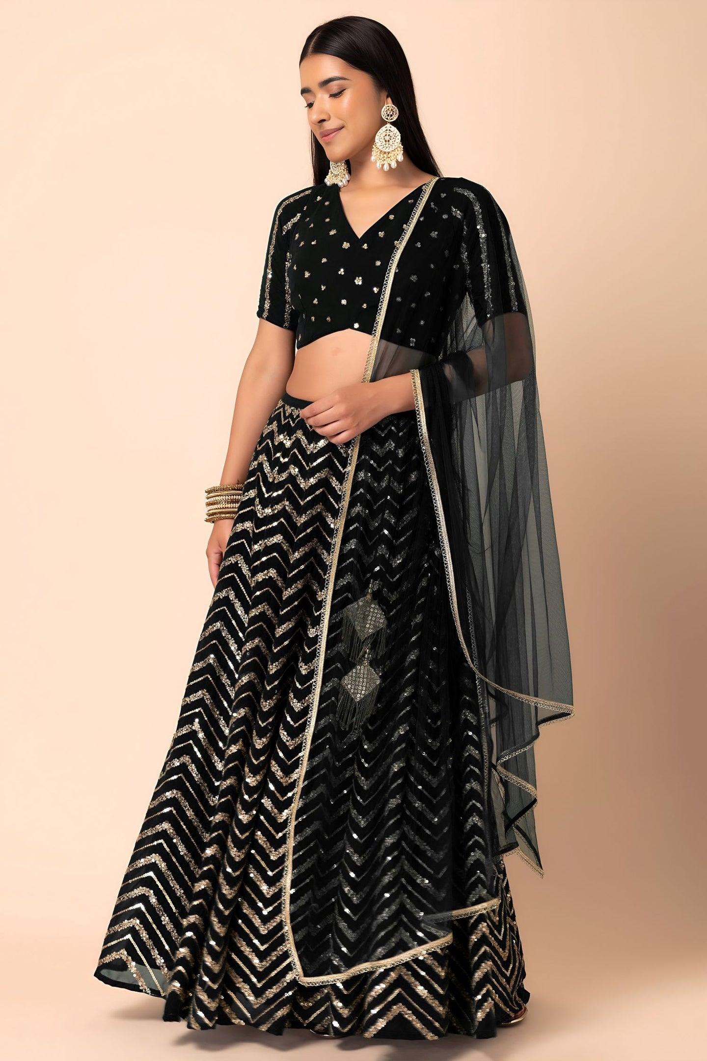 Black Georgette V Neck Lehenga Choli with Zari and Sequins Embroidery