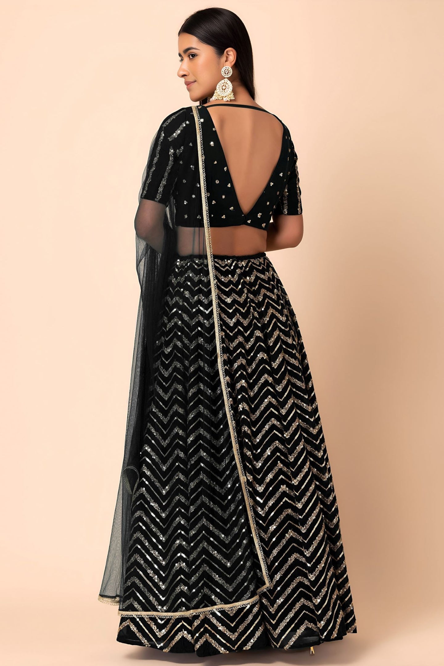 Black Georgette V Neck Lehenga Choli with Zari and Sequins Embroidery