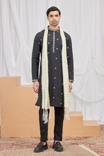 Black Groomsmen Kurta Pajama & Dupatta with Embroidery Work
