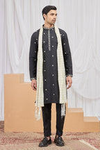 Black Art Silk Groomsmen Kurta Pajama with Embroidery Work
