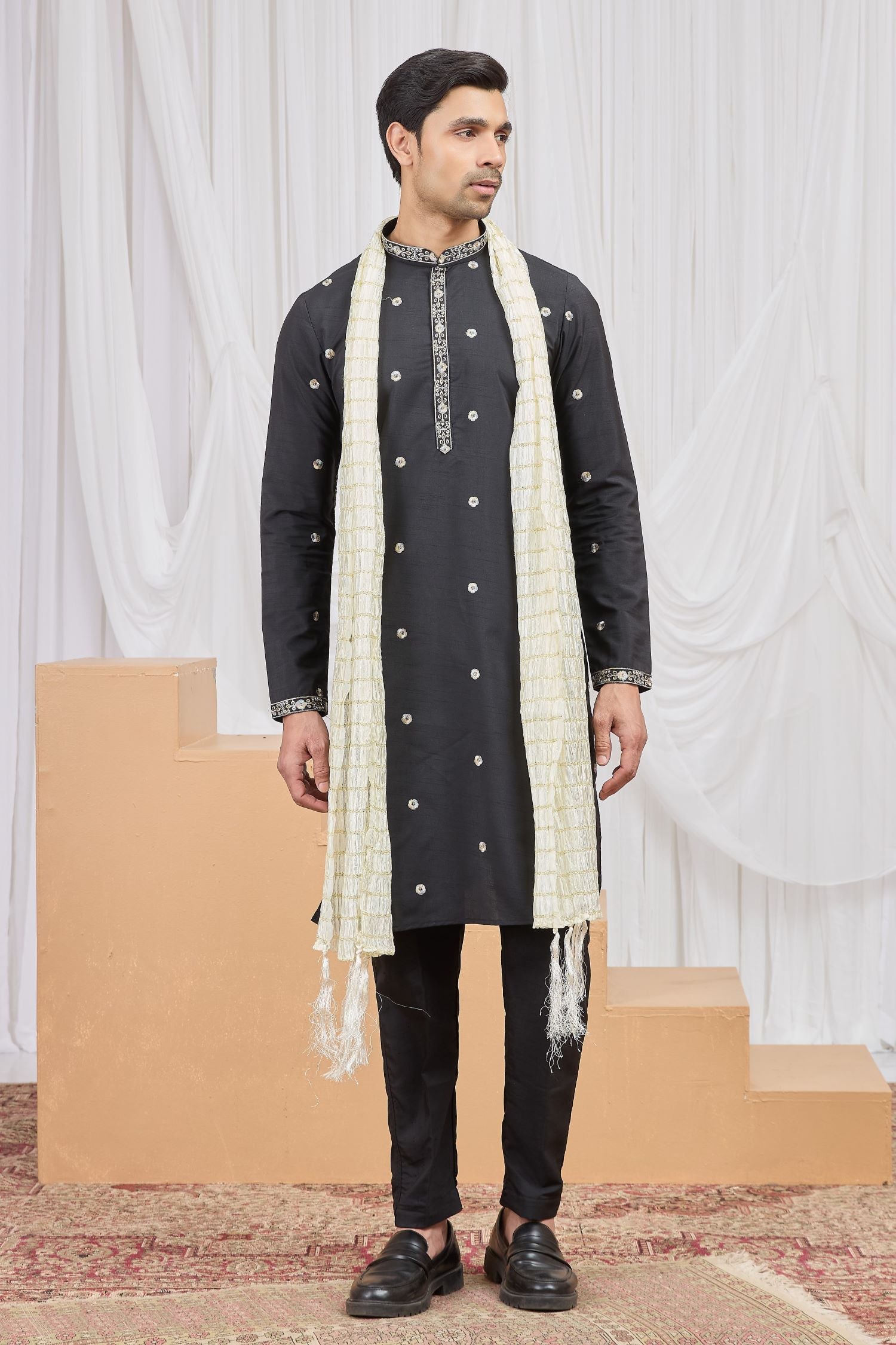 Black Art Silk Groomsmen Kurta Pajama with Embroidery Work