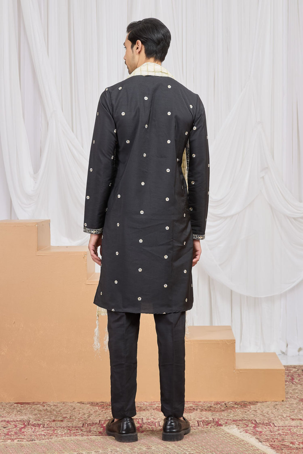 Black Art Silk Groomsmen Kurta Pajama with Embroidery Work