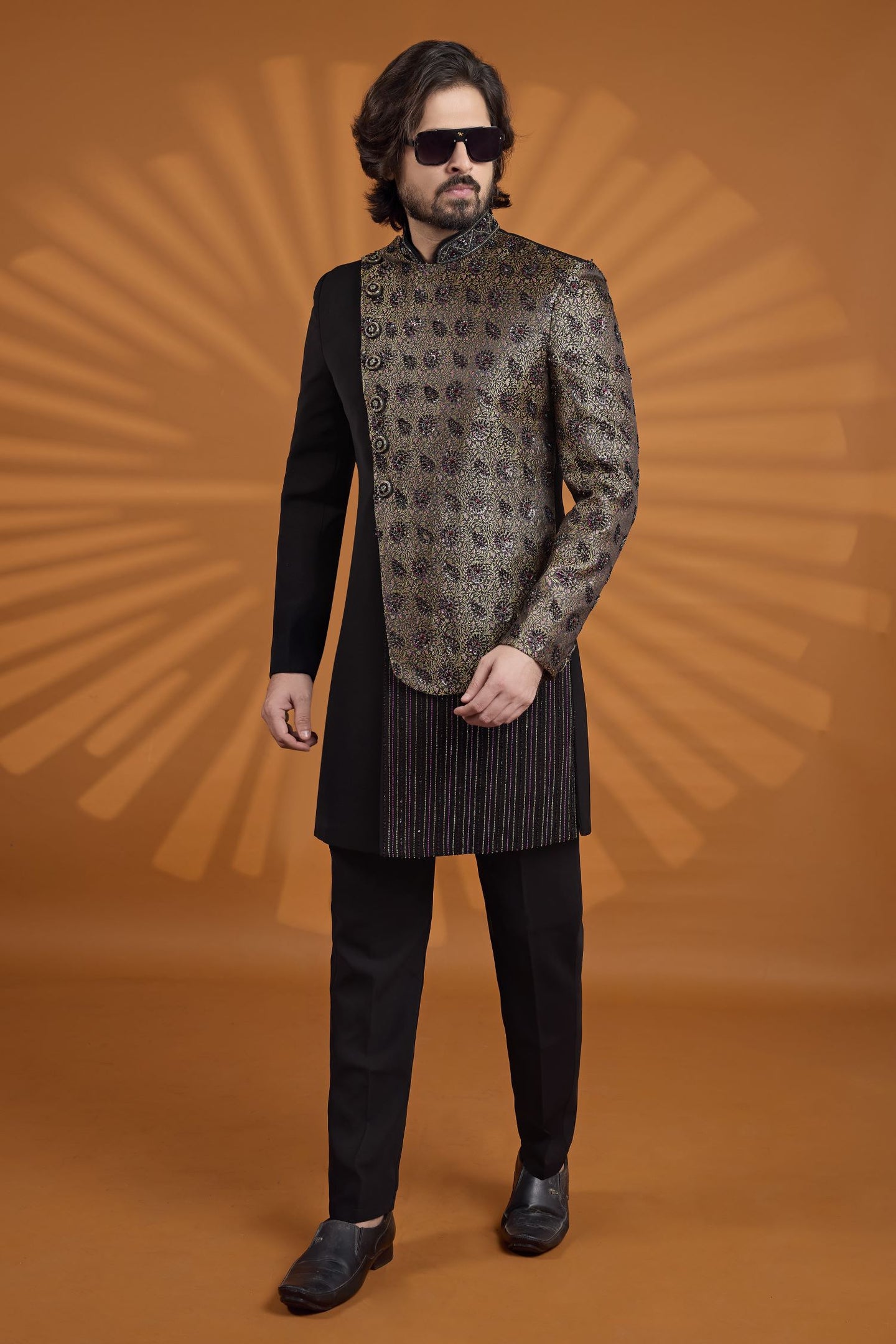 Black Jacquard Silk Indian Wedding Outfit Male with Embroidery Work