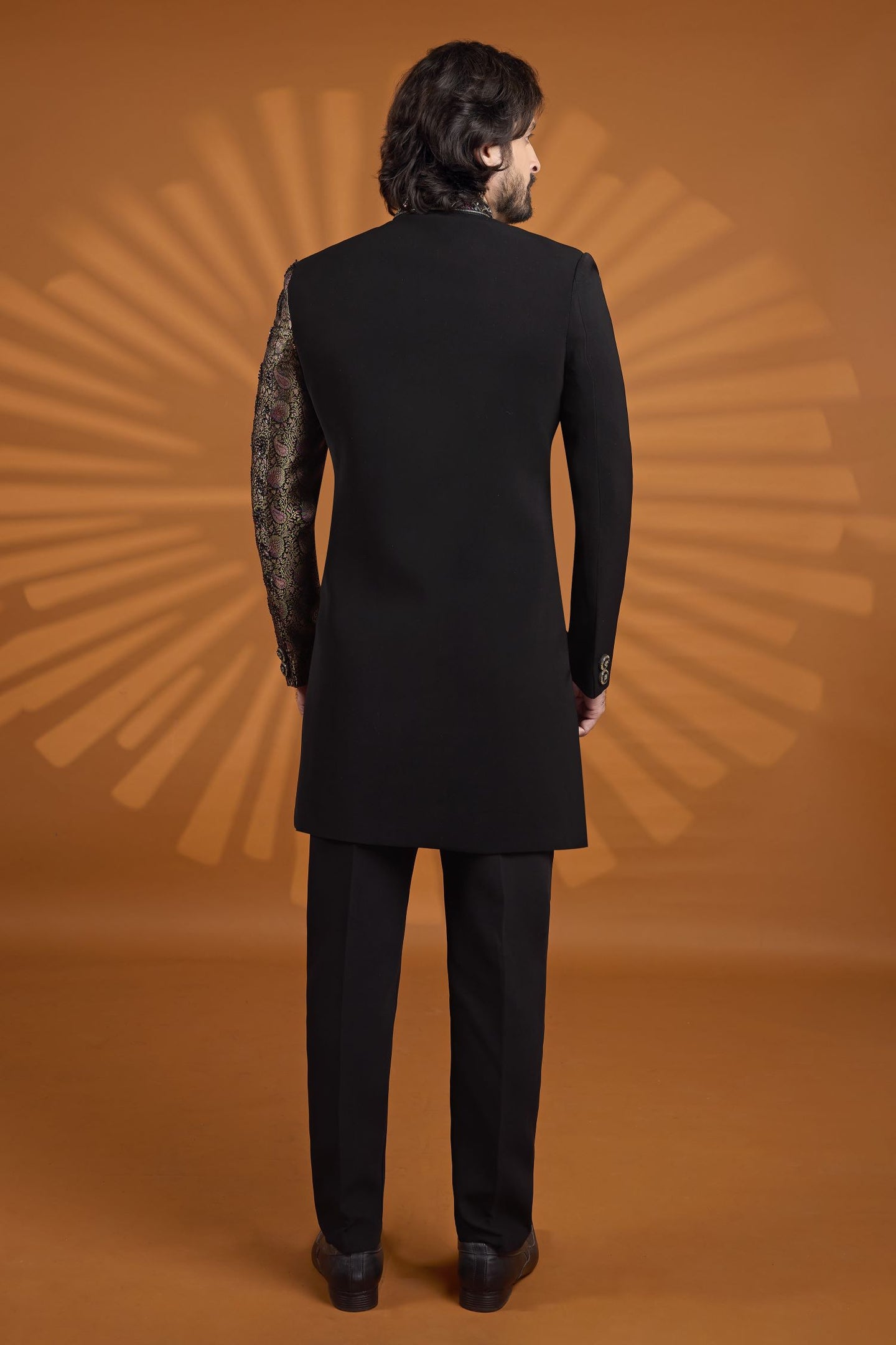 Black Jacquard Silk Indian Wedding Outfit Male with Embroidery Work