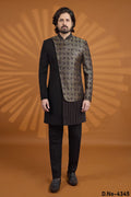 Black Jacquard Silk Indian Wedding Outfit Male with Embroidery Work