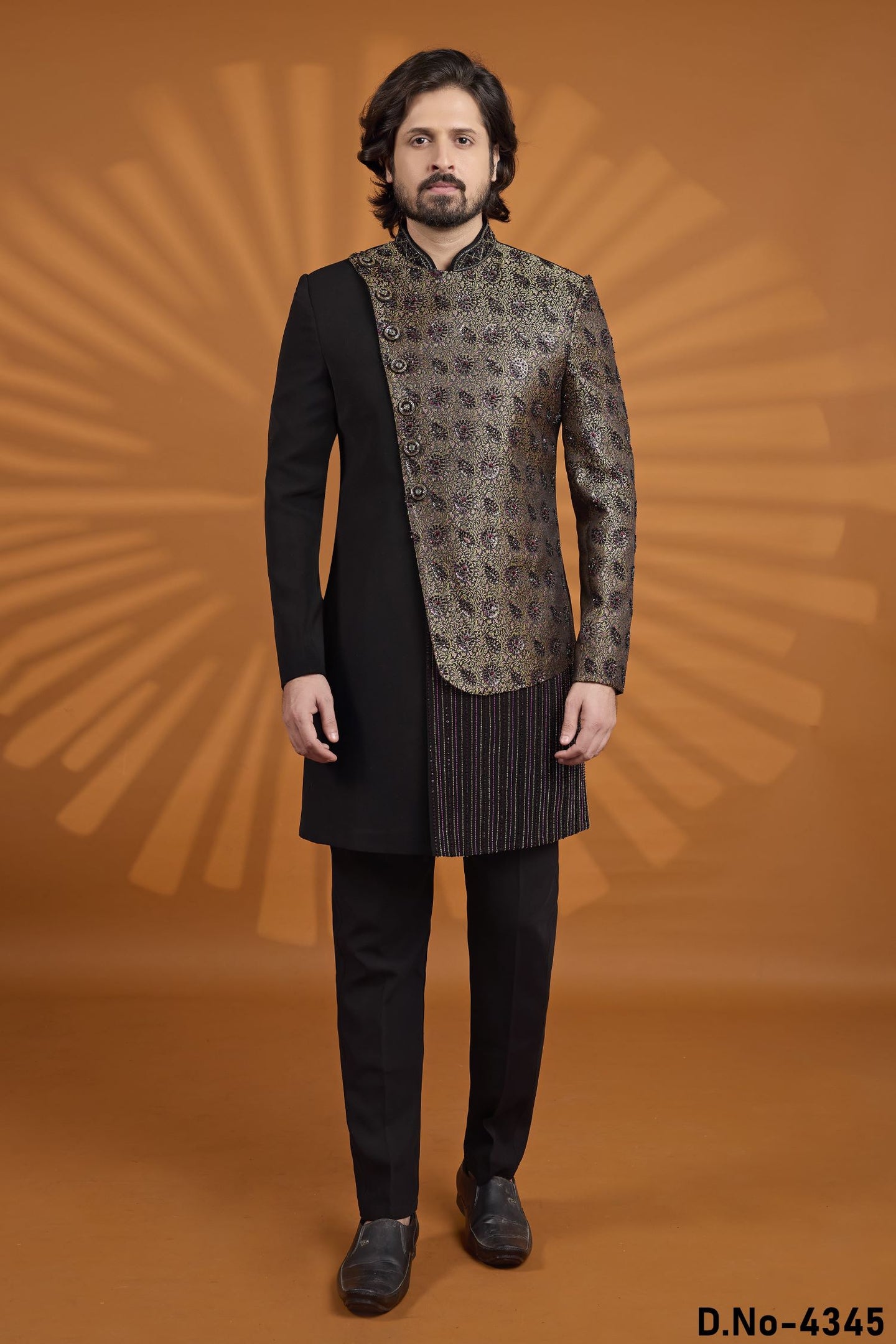 Black Jacquard Silk Indian Wedding Outfit Male with Embroidery Work