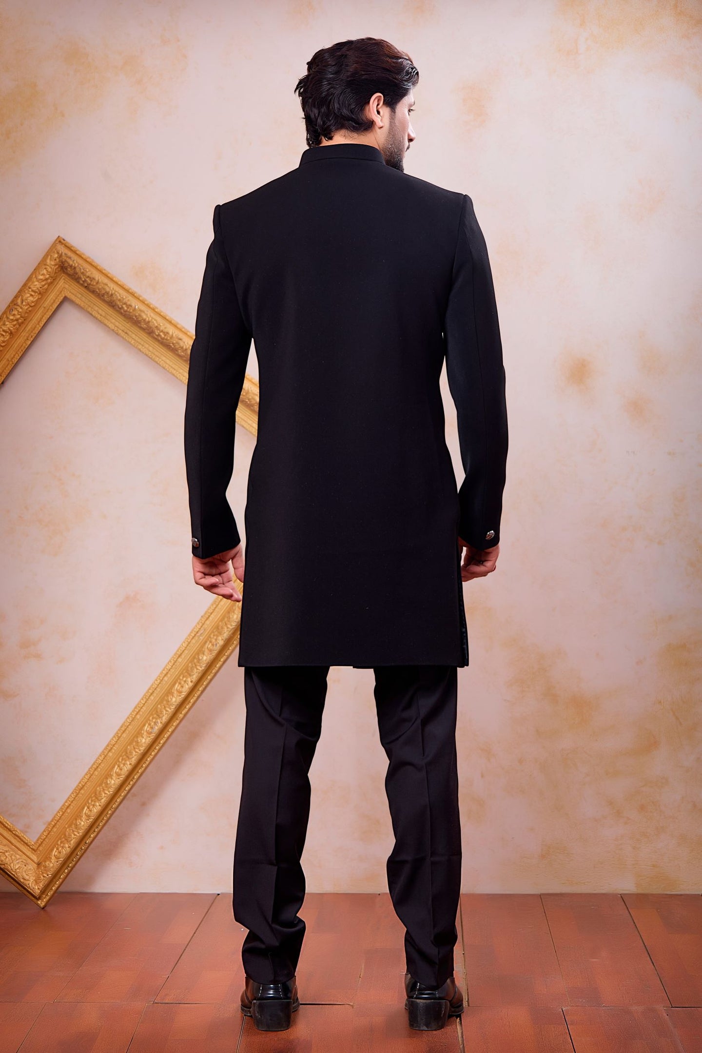 Black Art Silk Mens Indian Wedding Attire Indo Western