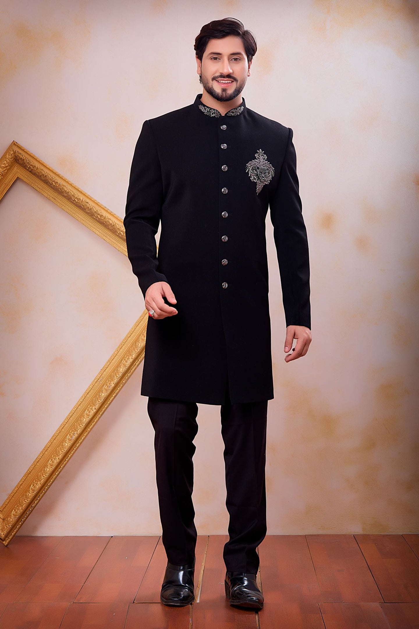 Black Art Silk Mens Indian Wedding Attire Indo Western