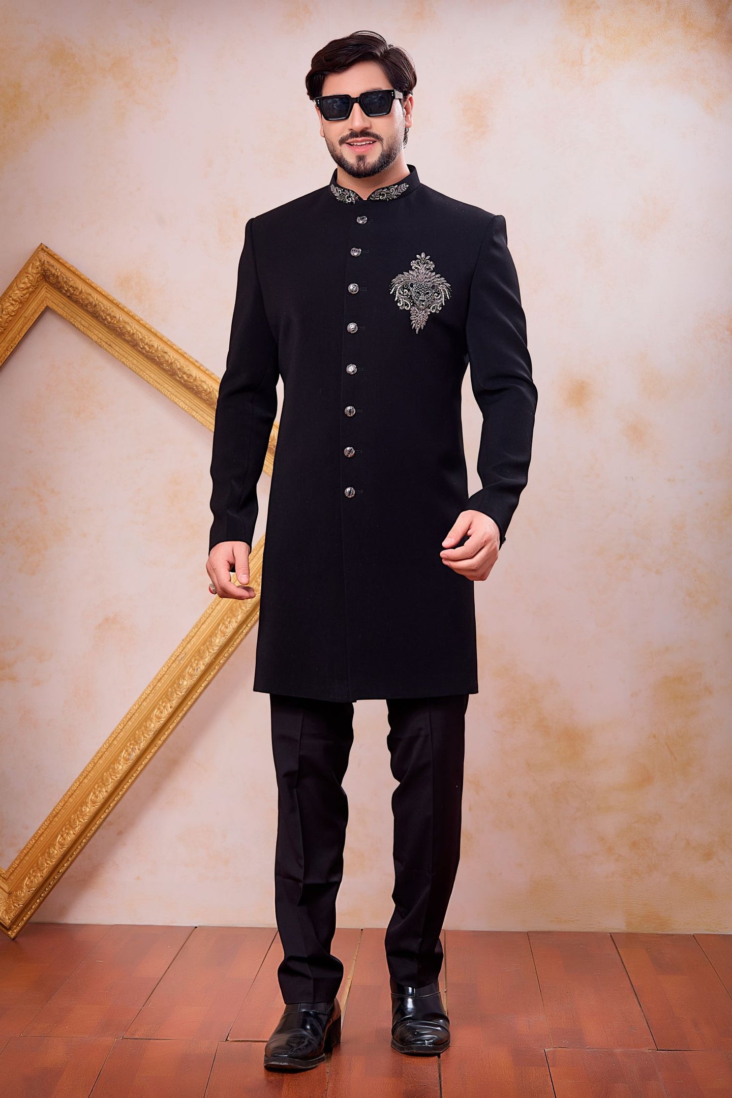 Black Art Silk Mens Indian Wedding Attire Indo Western