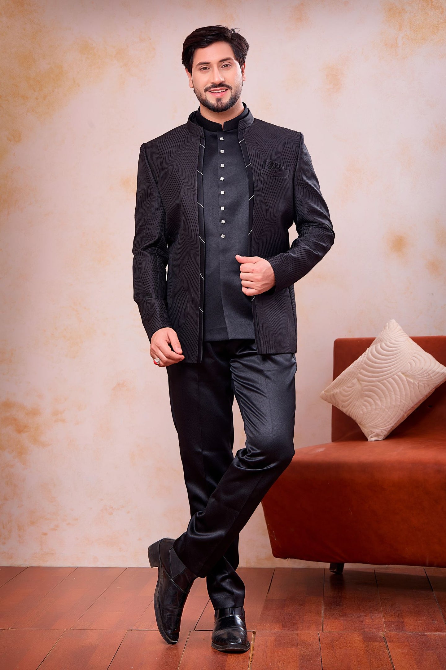 Black Jacquard Weaving Work Jodhpuri 3 Piece Set for Indian Traditional Clothes for Men