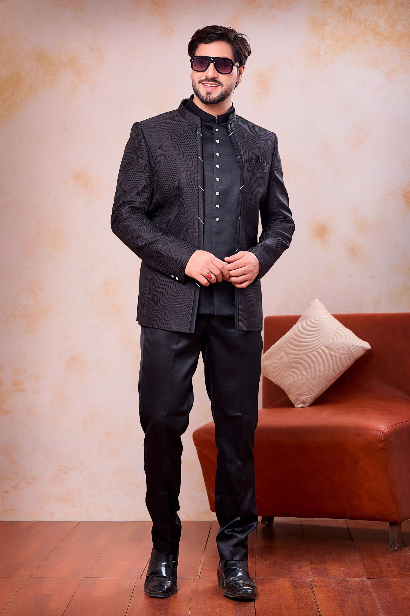 Black Jacquard Weaving Work Jodhpuri 3 Piece Set for Indian Traditional Clothes for Men