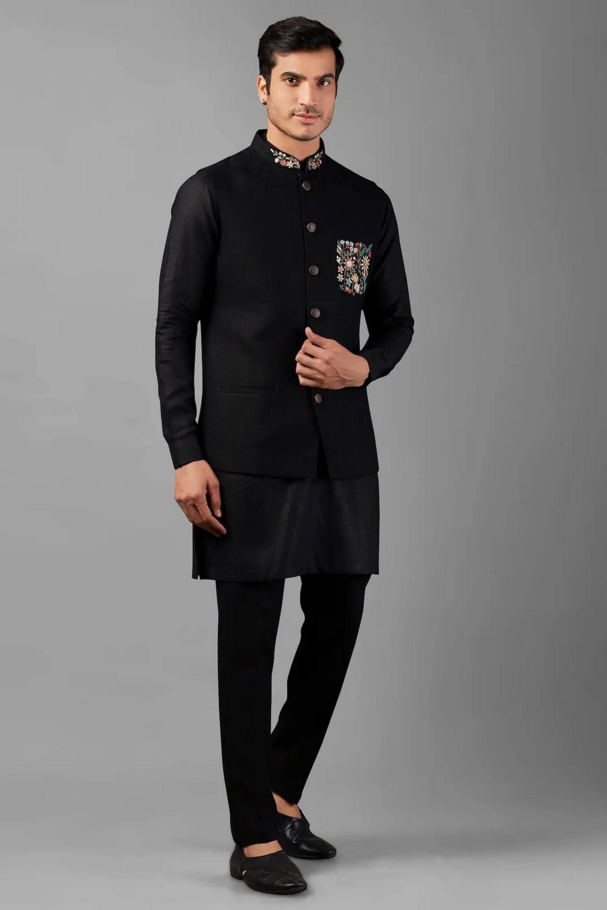 Black Linen Men's Wedding Suit Waistcoat, Kurta with Pant - Embroidery Work
