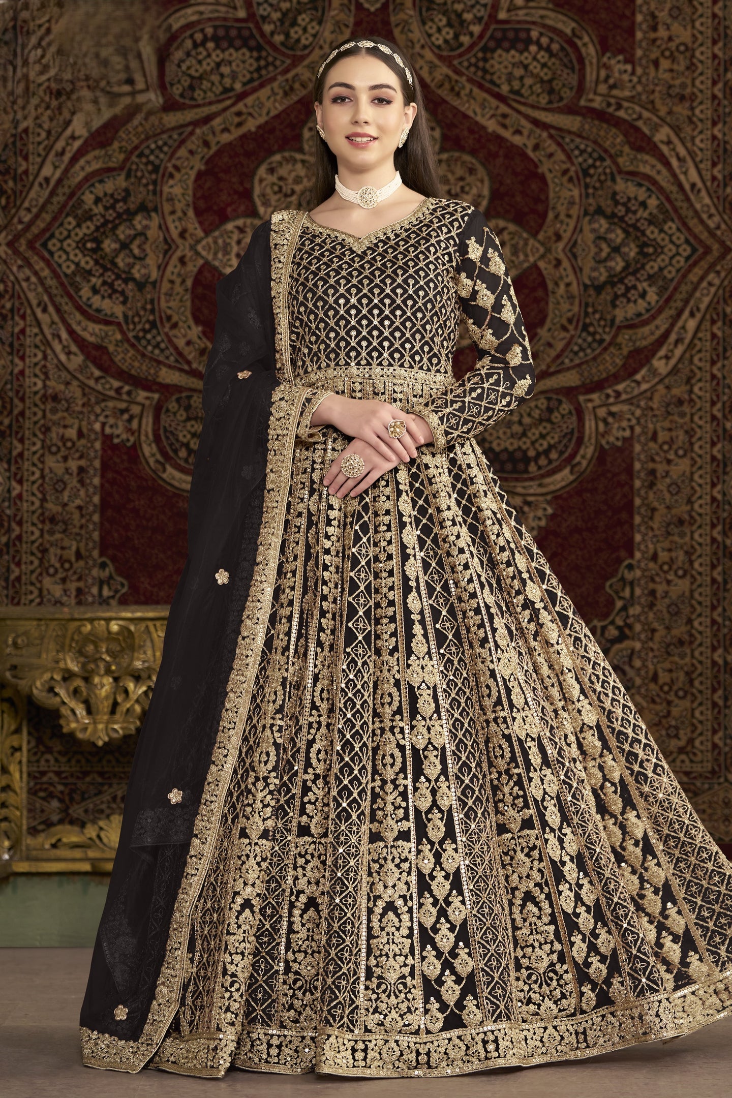 Black Net Anarkali Suits for Wedding with Dori and Sequins Embroidery