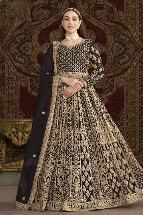 Black Net Anarkali Suits for Wedding with Dori and Sequins Embroidery