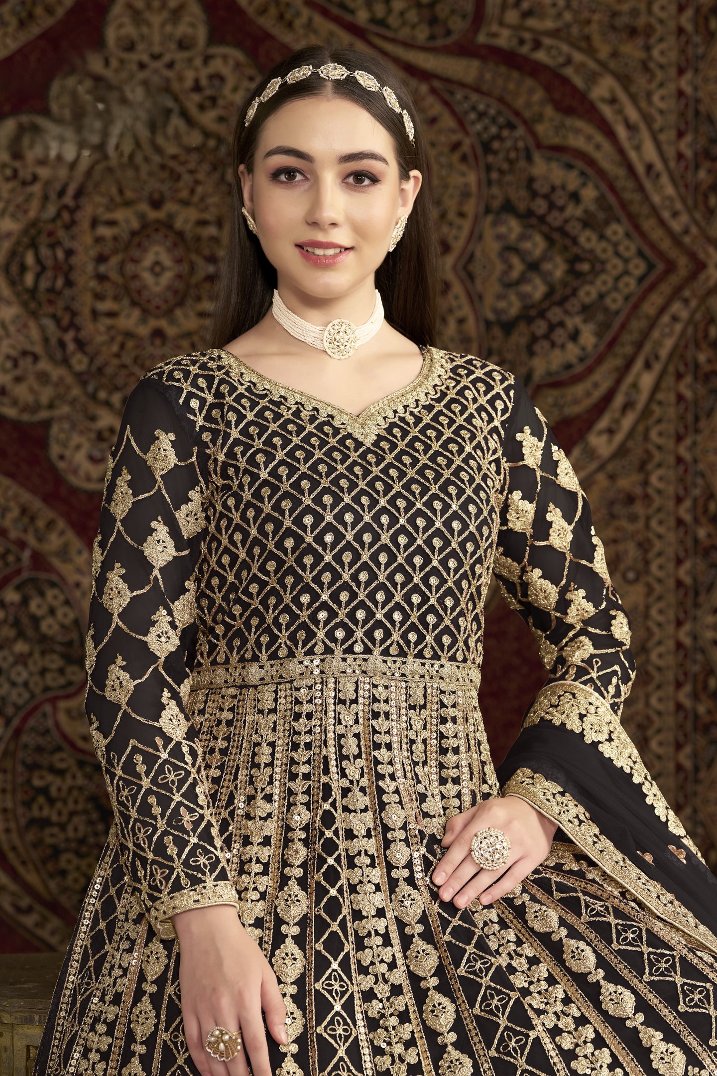 Black Net Anarkali Suits for Wedding with Dori and Sequins Embroidery