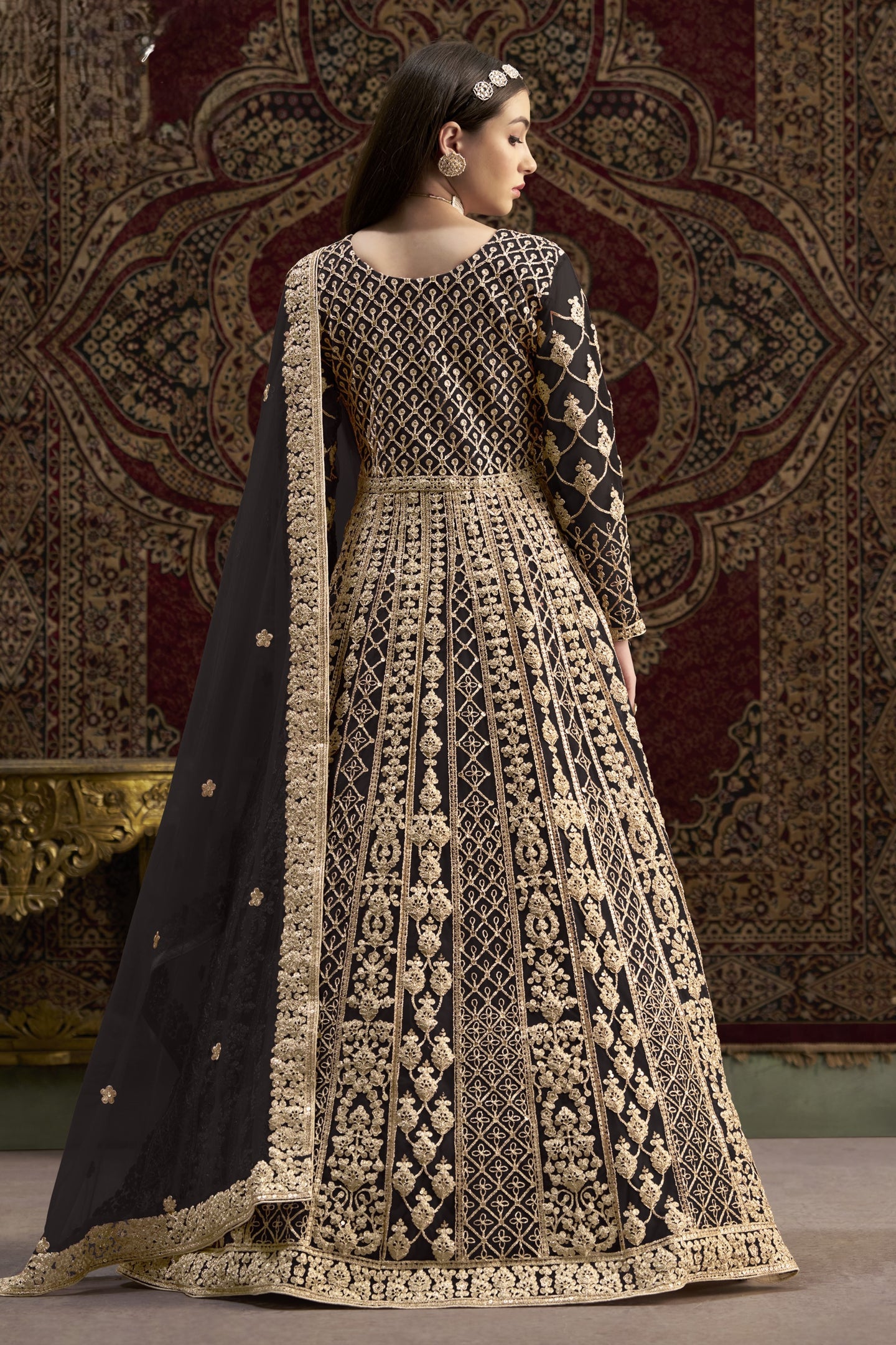 Black Net Anarkali Suits for Wedding with Dori and Sequins Embroidery