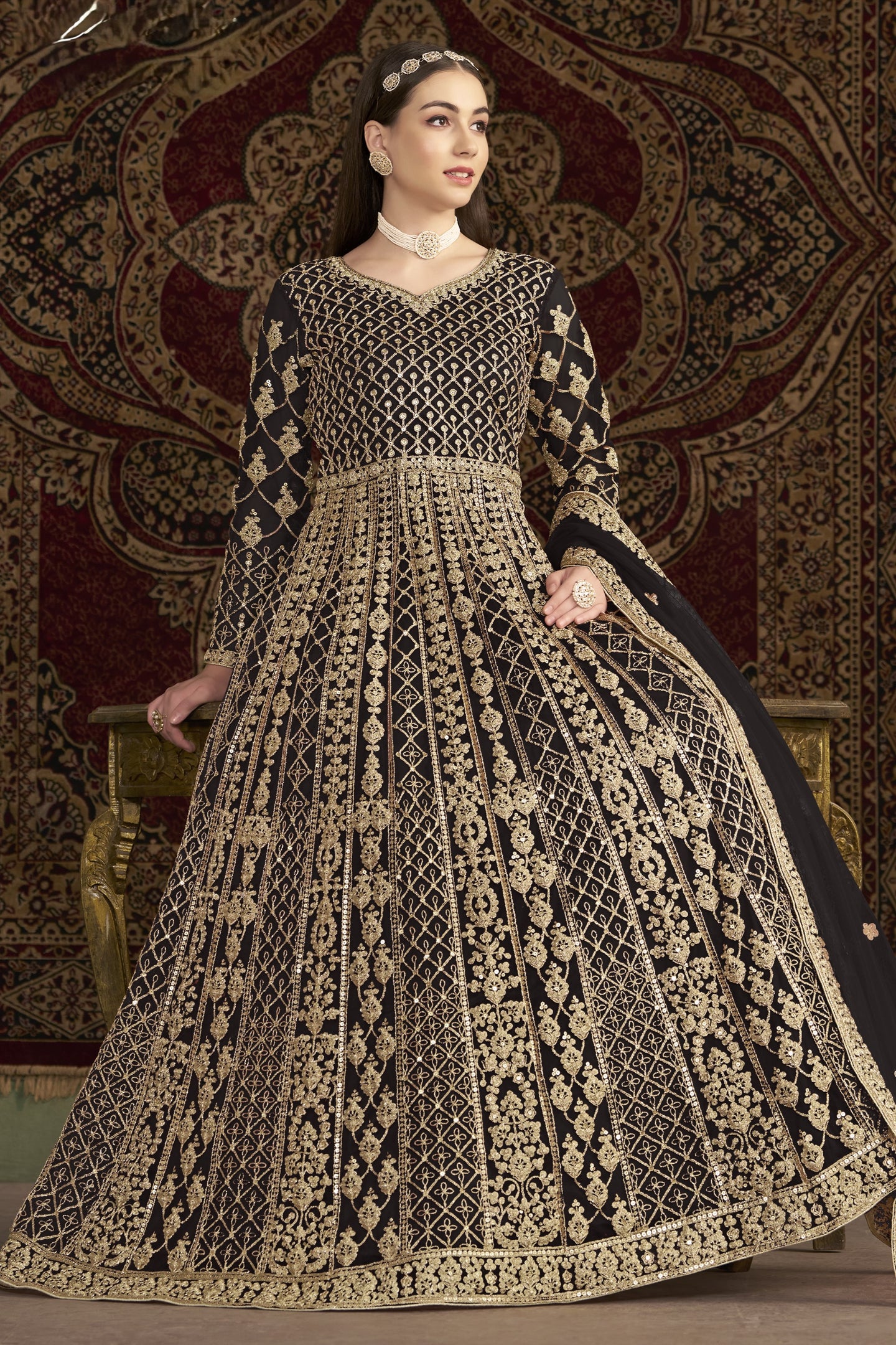 Black Net Anarkali Suits for Wedding with Dori and Sequins Embroidery