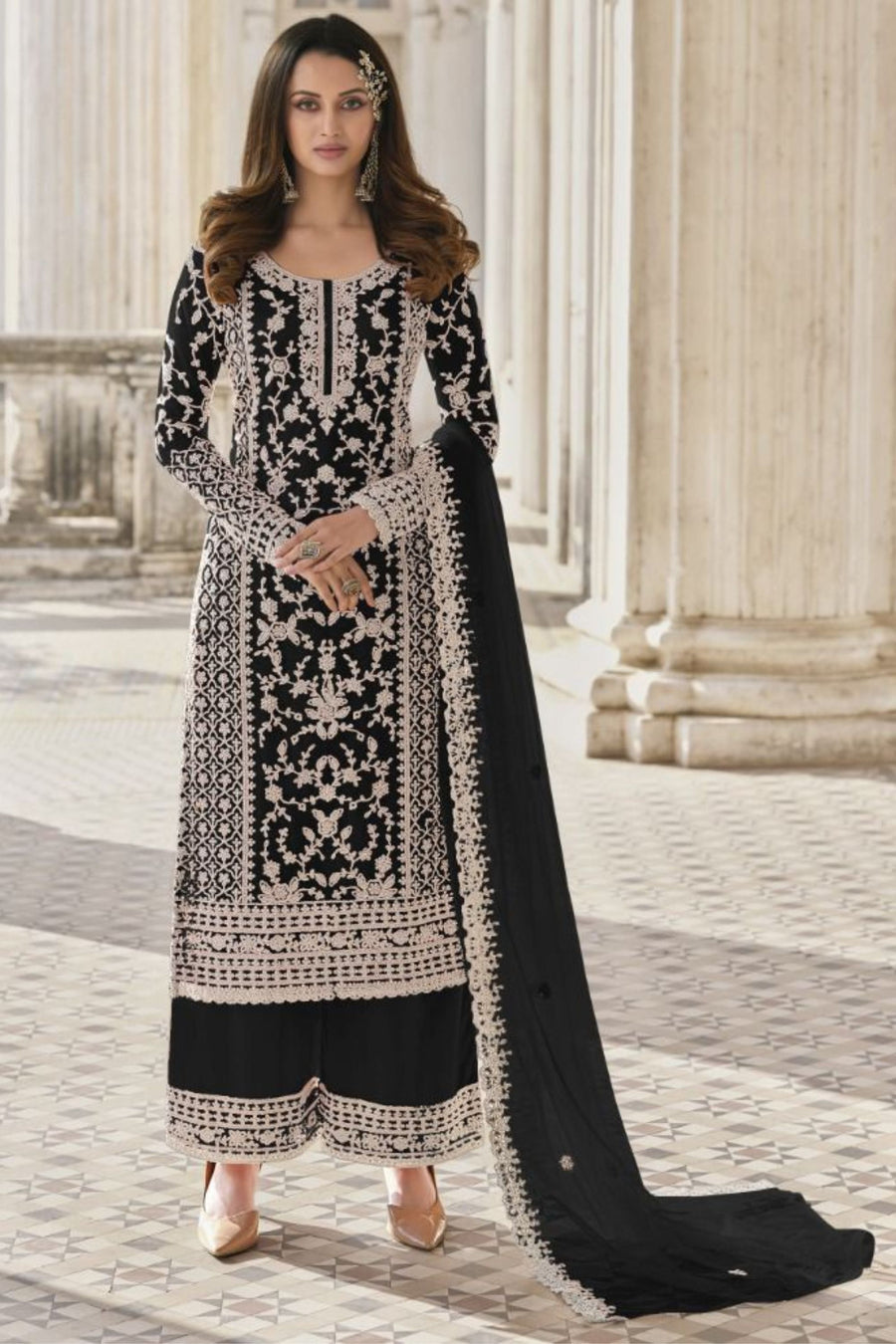 Black Net & Cording Work Salwar Kameez Plazzo Suit For Indian Wedding & Festival - Embroidery Work, Cording Work