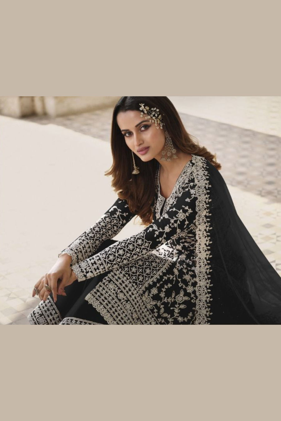 Black Net & Cording Work Salwar Kameez Plazzo Suit For Indian Wedding & Festival - Embroidery Work, Cording Work