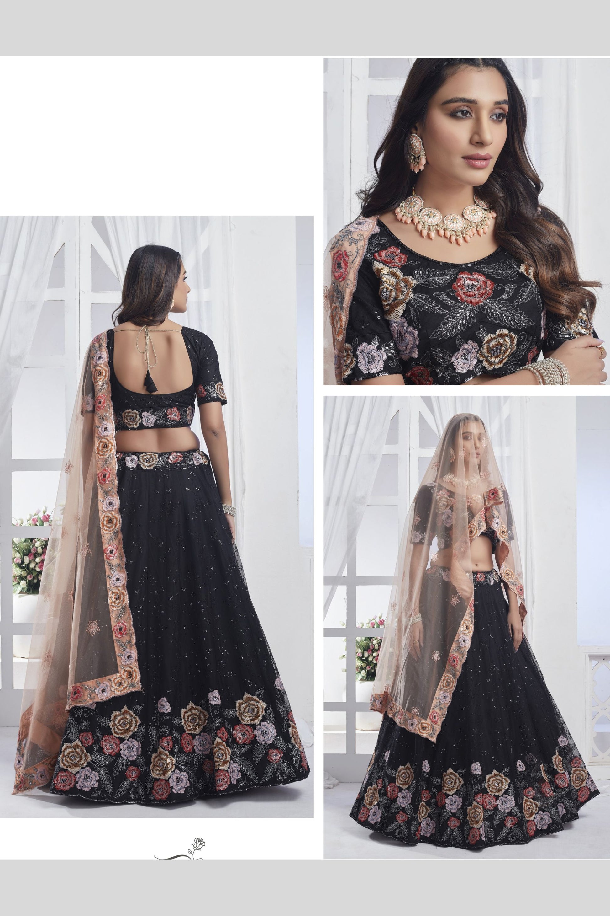 Black Net Flower Embroidered Lehenga Choli For Indian Festivals & Weddings - Sequence Embroidery Work