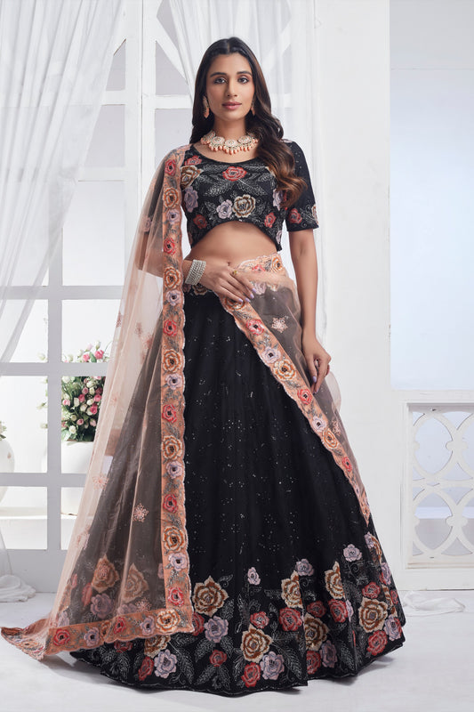 Black Net Flower Embroidered Lehenga Choli For Indian Festivals & Weddings - Sequence Embroidery Work