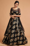 Black Net Partywear Lehenga Choli For Indian & Pakistani Wedding Festival - Sequins & Thread Embroidery Work, Zari Work