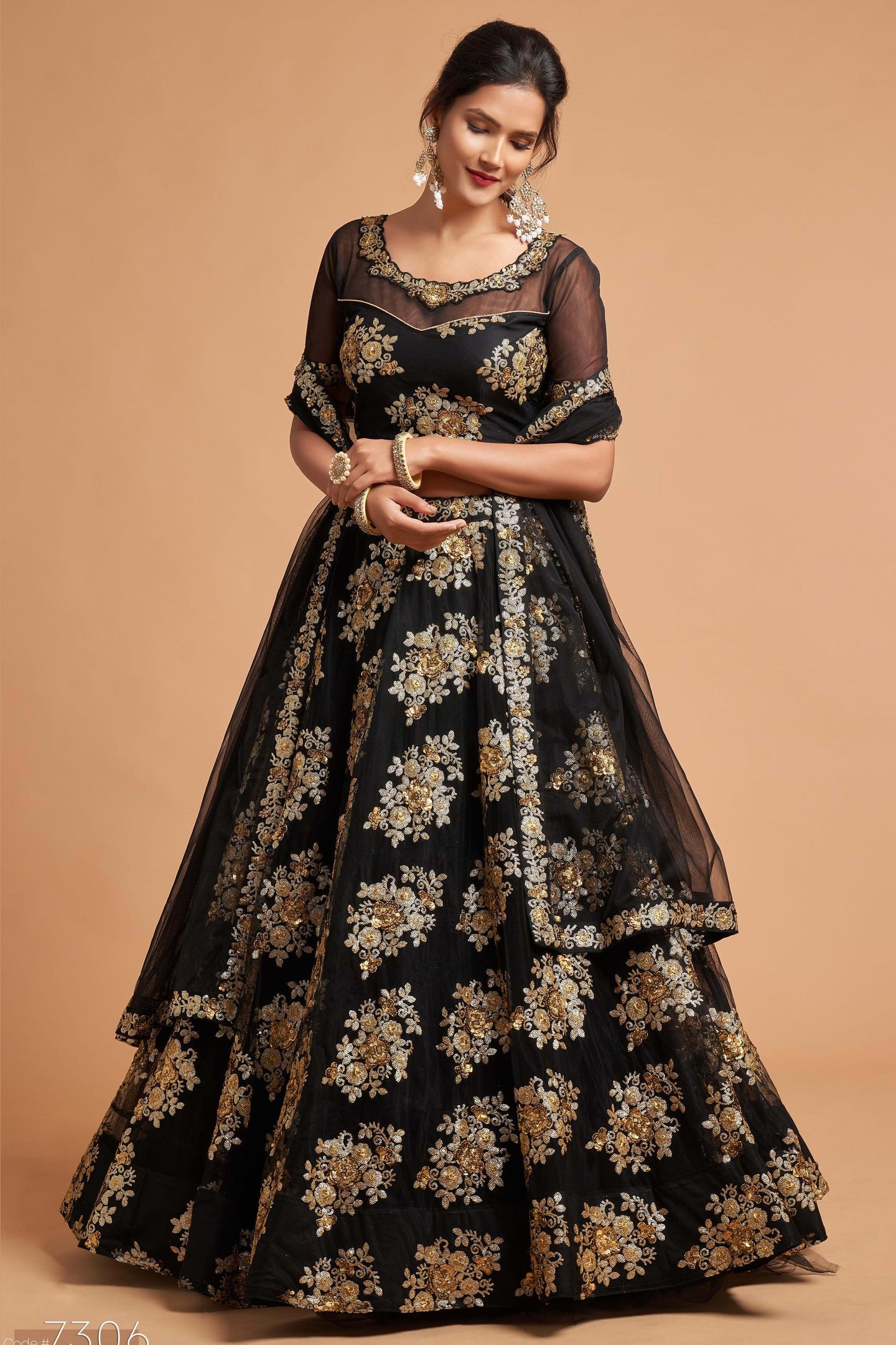 Black Net Partywear Lehenga Choli For Indian & Pakistani Wedding Festival - Sequins & Thread Embroidery Work, Zari Work
