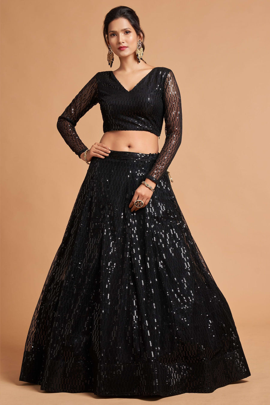 Black Net Partywear Lehenga Choli For Indian & Pakistani Wedding Festival - Sequins & Thread Embroidery Work