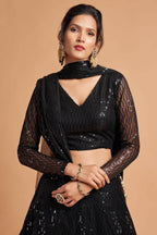 Black Net Partywear Lehenga Choli For Indian & Pakistani Wedding Festival - Sequins & Thread Embroidery Work