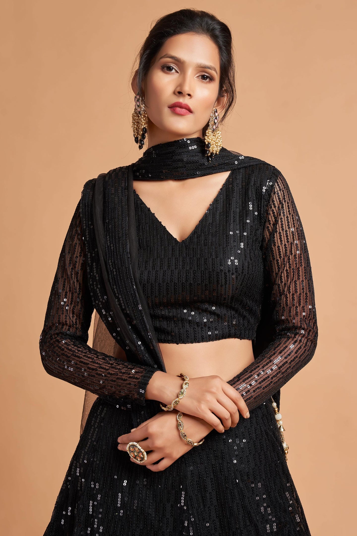Black Net Partywear Lehenga Choli For Indian & Pakistani Wedding Festival - Sequins & Thread Embroidery Work