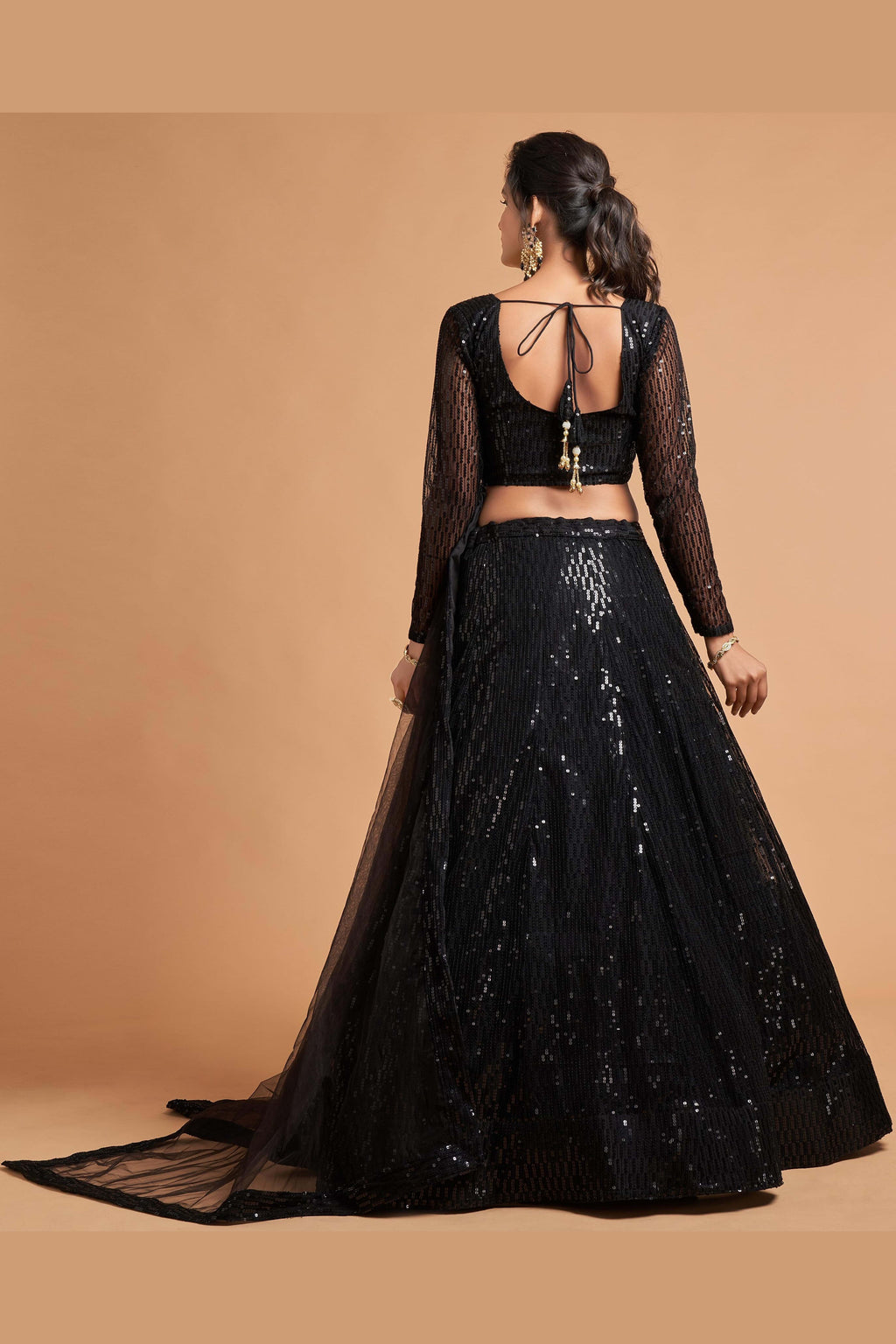 Black Net Partywear Lehenga Choli For Indian & Pakistani Wedding Festival - Sequins & Thread Embroidery Work