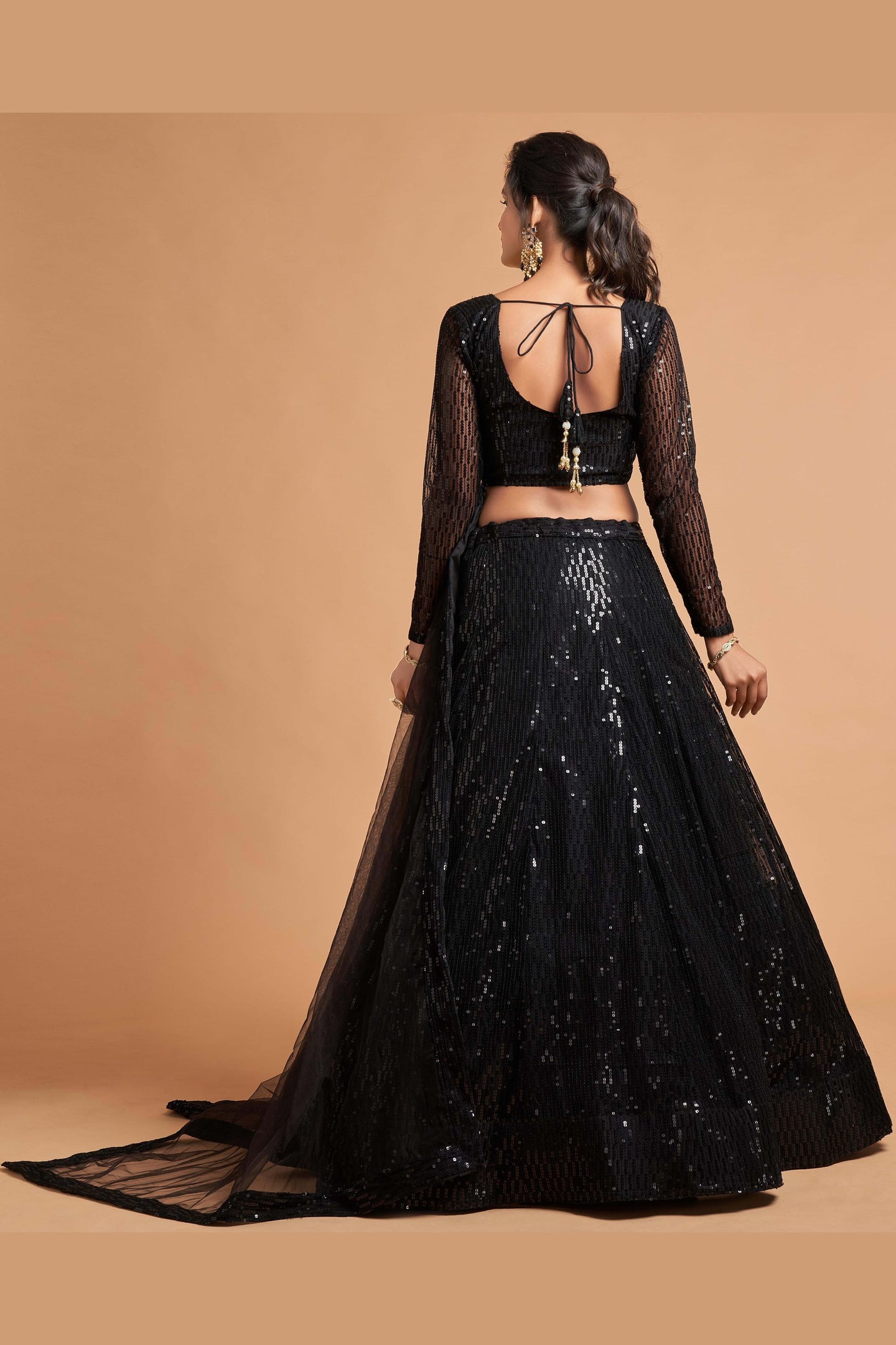 Black Net Partywear Lehenga Choli For Indian & Pakistani Wedding Festival - Sequins & Thread Embroidery Work