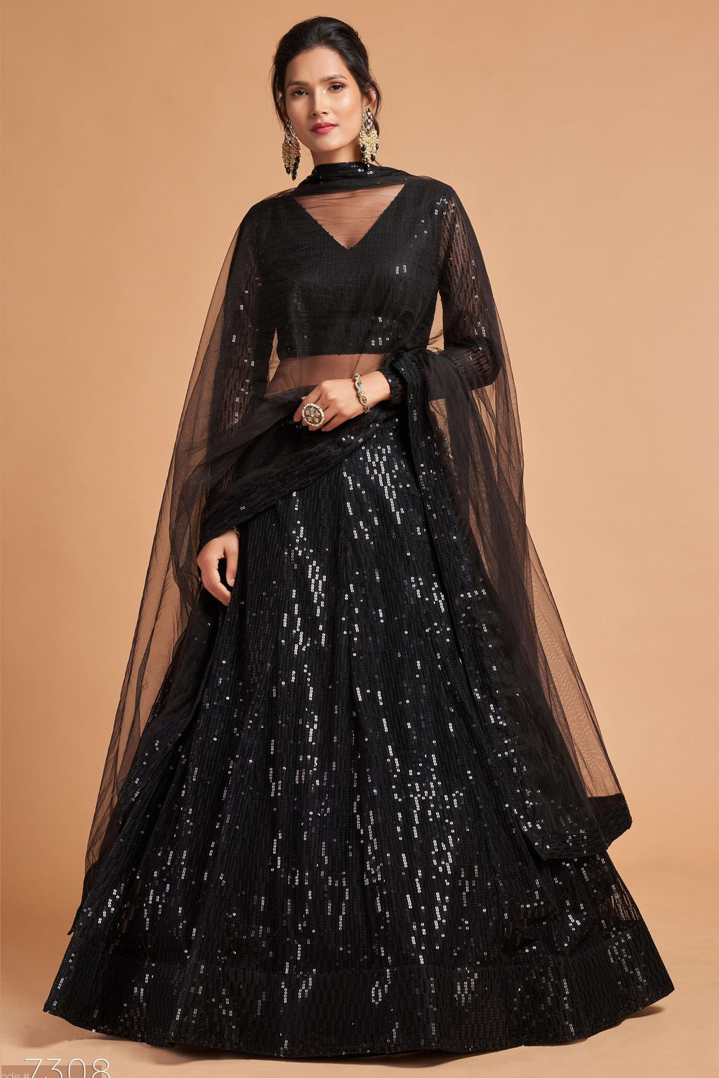 Black Net Partywear Lehenga Choli For Indian & Pakistani Wedding Festival - Sequins & Thread Embroidery Work