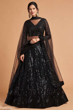 Black Net Partywear Lehenga Choli For Indian & Pakistani Wedding Festival - Sequins & Thread Embroidery Work