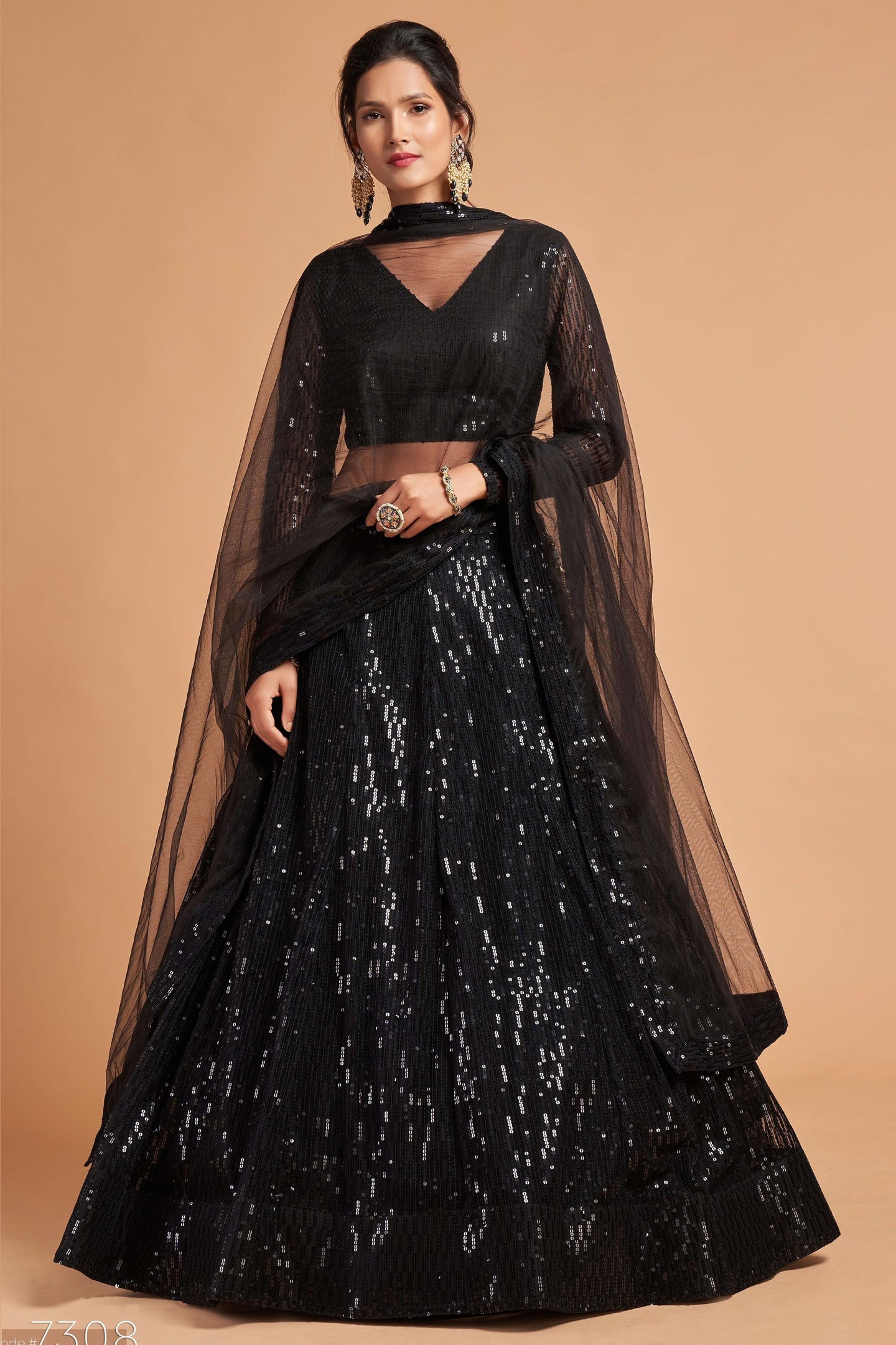 Black Net Partywear Lehenga Choli For Indian & Pakistani Wedding Festival - Sequins & Thread Embroidery Work