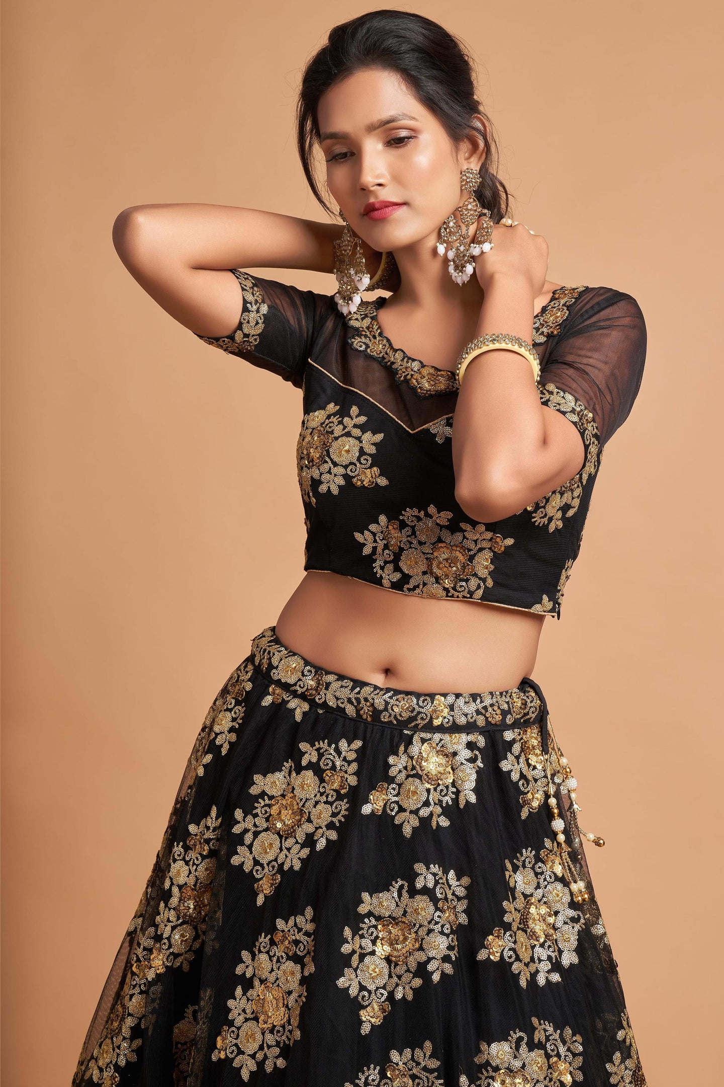 Black Net Partywear Lehenga Choli For Indian & Pakistani Wedding Festival - Sequins & Thread Embroidery Work, Zari Work