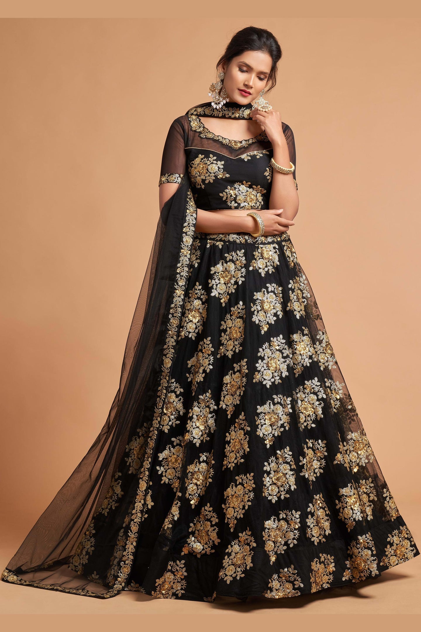 Black Net Partywear Lehenga Choli For Indian & Pakistani Wedding Festival - Sequins & Thread Embroidery Work, Zari Work