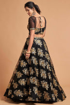 Black Net Partywear Lehenga Choli For Indian & Pakistani Wedding Festival - Sequins & Thread Embroidery Work, Zari Work