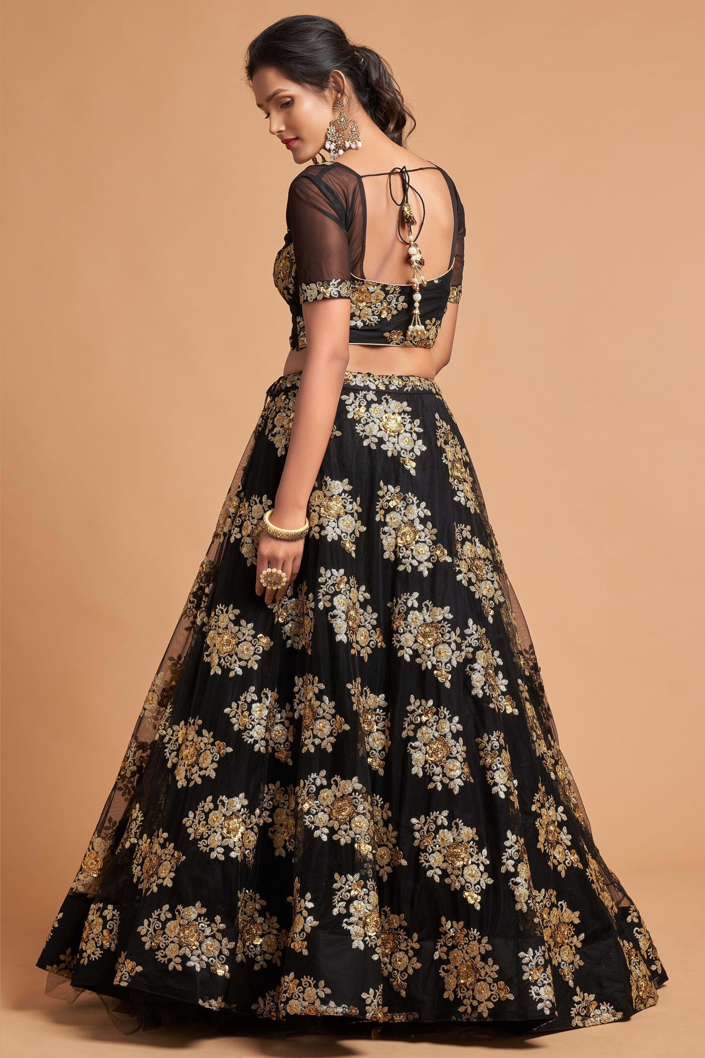 Black Net Partywear Lehenga Choli For Indian & Pakistani Wedding Festival - Sequins & Thread Embroidery Work, Zari Work