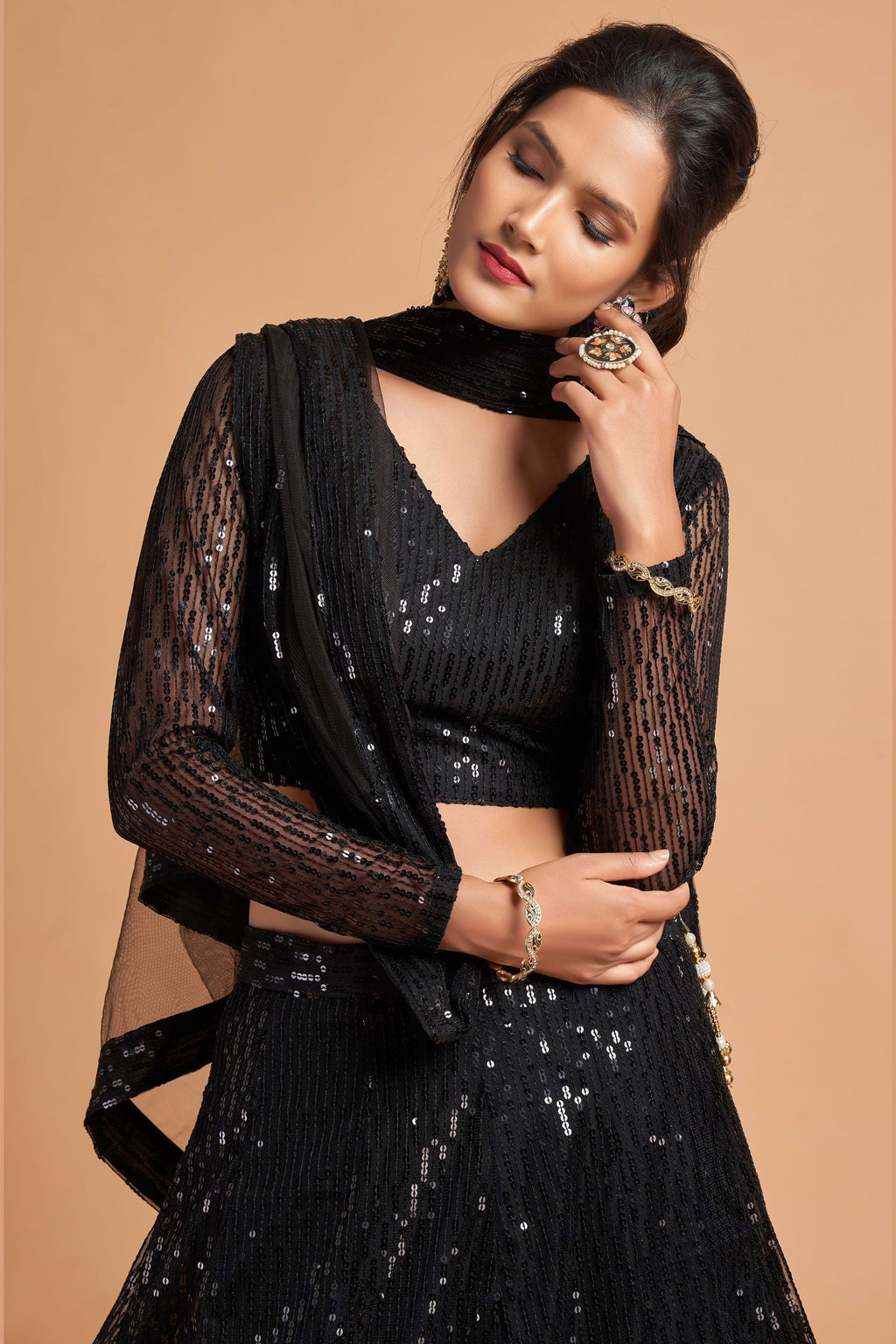 Black Net Partywear Lehenga Choli For Indian & Pakistani Wedding Festival - Sequins & Thread Embroidery Work