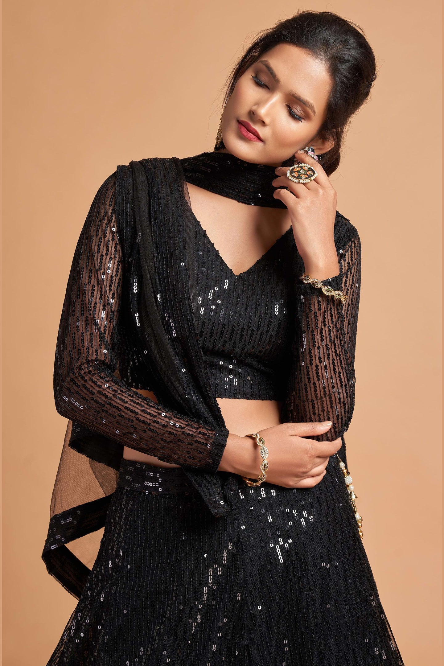 Black Net Partywear Lehenga Choli For Indian & Pakistani Wedding Festival - Sequins & Thread Embroidery Work