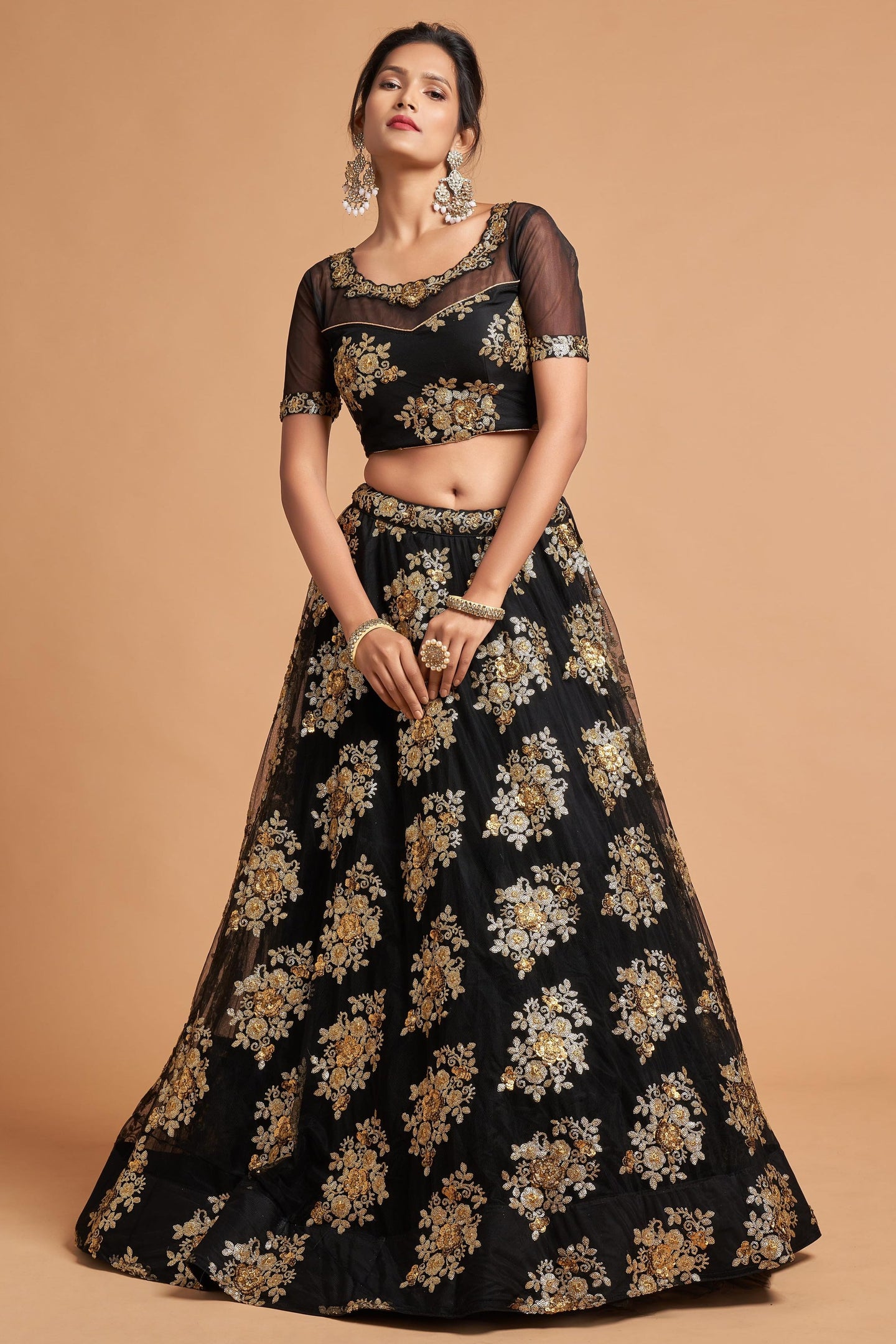 Black Net Partywear Lehenga Choli For Indian & Pakistani Wedding Festival - Sequins & Thread Embroidery Work, Zari Work