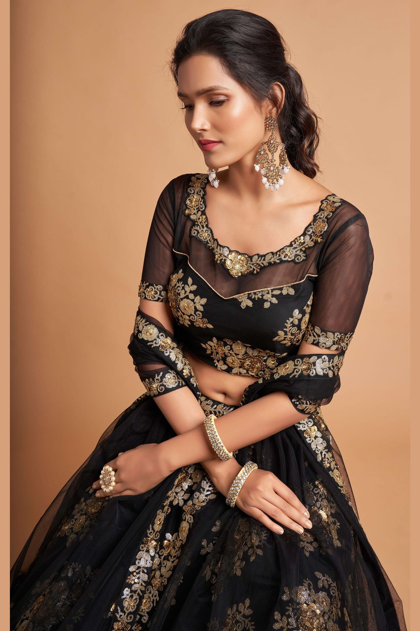 Black Net Partywear Lehenga Choli For Indian & Pakistani Wedding Festival - Sequins & Thread Embroidery Work, Zari Work