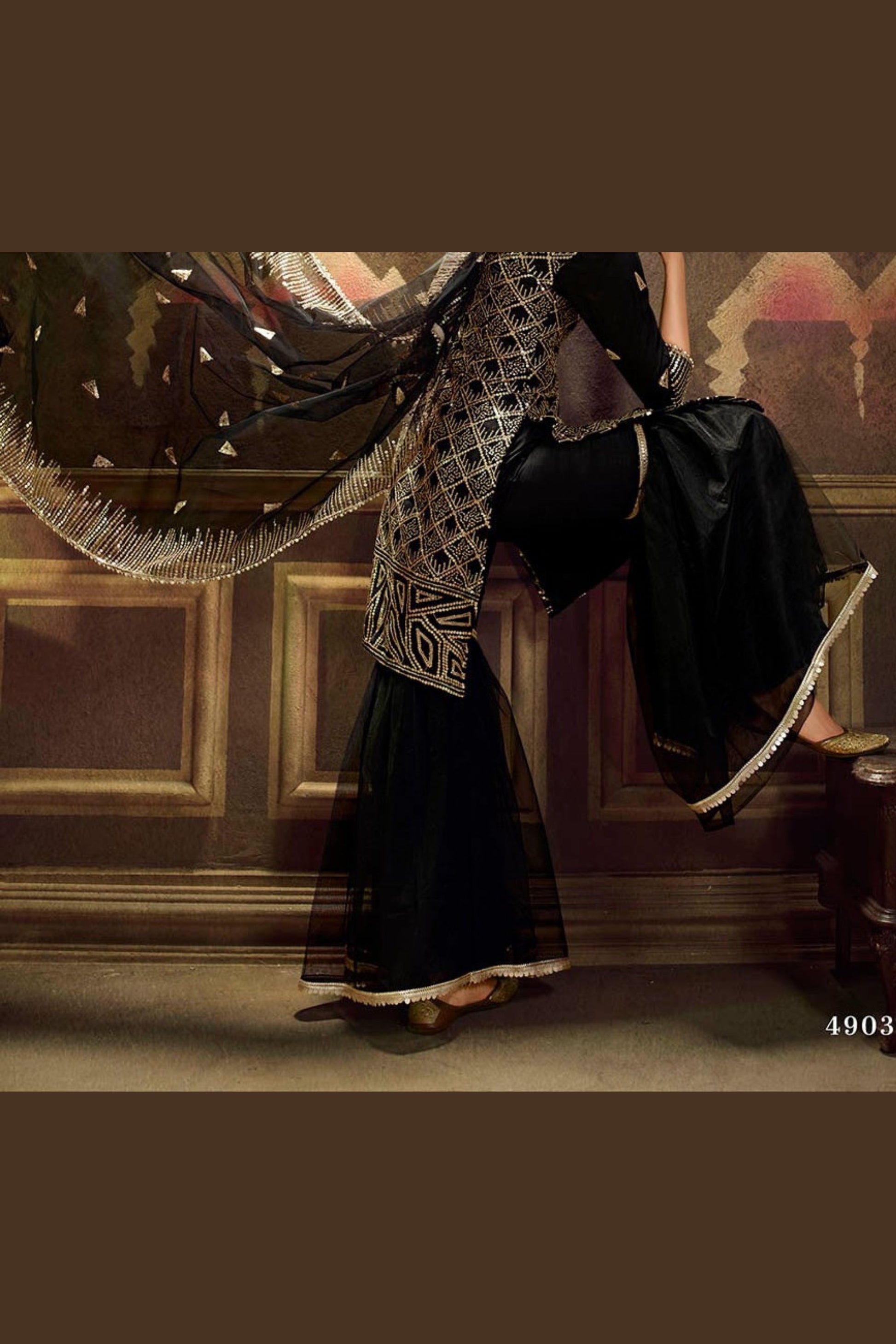 Black Net Sharara For Festivals & Indian Weddings - Sequence Embroidery Work,